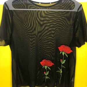 Black Mesh Tee w/ Embroidered Roses